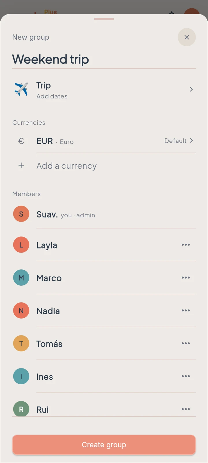evvnly's new-group sheet: a trip named Weekend trip, set to EUR, with Layla, Marco and four more friends added alongside You